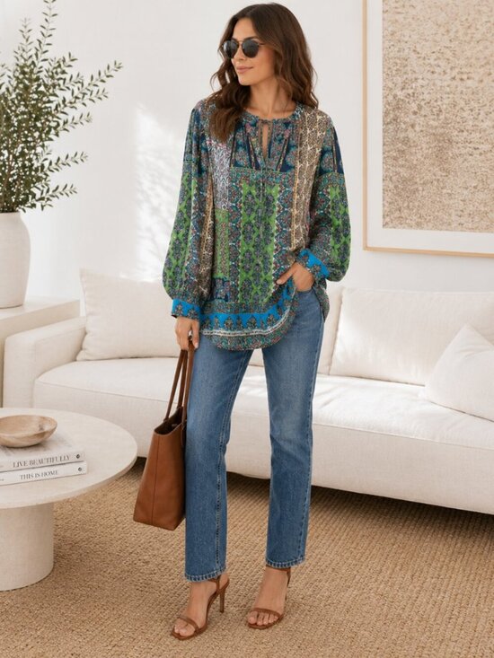 Liz Claiborne Woman Tops - Boho Peasant Blouse Paisley Patchwork Tassel 3X